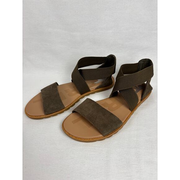 Sorel Women's Ella II Sandal Size 7 olive leather suede elastic flat shoe - Picture 7 of 7